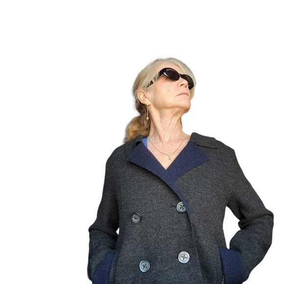 Anthropologie HWR Wool Blend Grey & Navy Classic Double Breasted Pea Coat Med - Picture 8 of 11